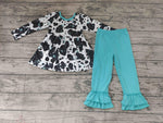 Teal Cow Print Pants Set